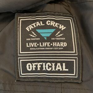 Fatal Crew Jacket Womens Medium Black Hooded Live Life Hard Patch‎ Pockets Zip